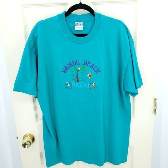 Vintage 80s Hanes Beefy-Tee Waikiki Embroidered Short Sleeve T-Shirt XL Teal - Picture 1 of 15